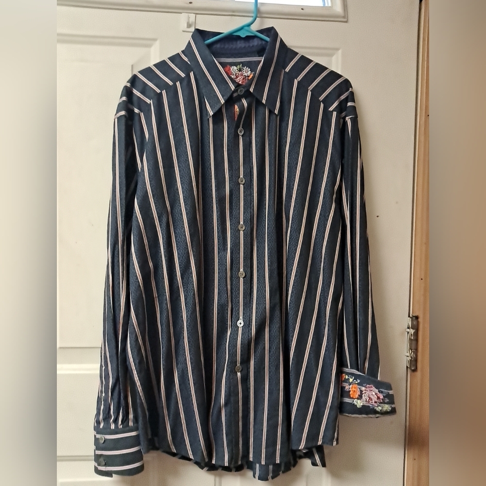 Robert Graham Striped Mens 2XL Flip Cuff Floral Print Casual Button Down Shirt.